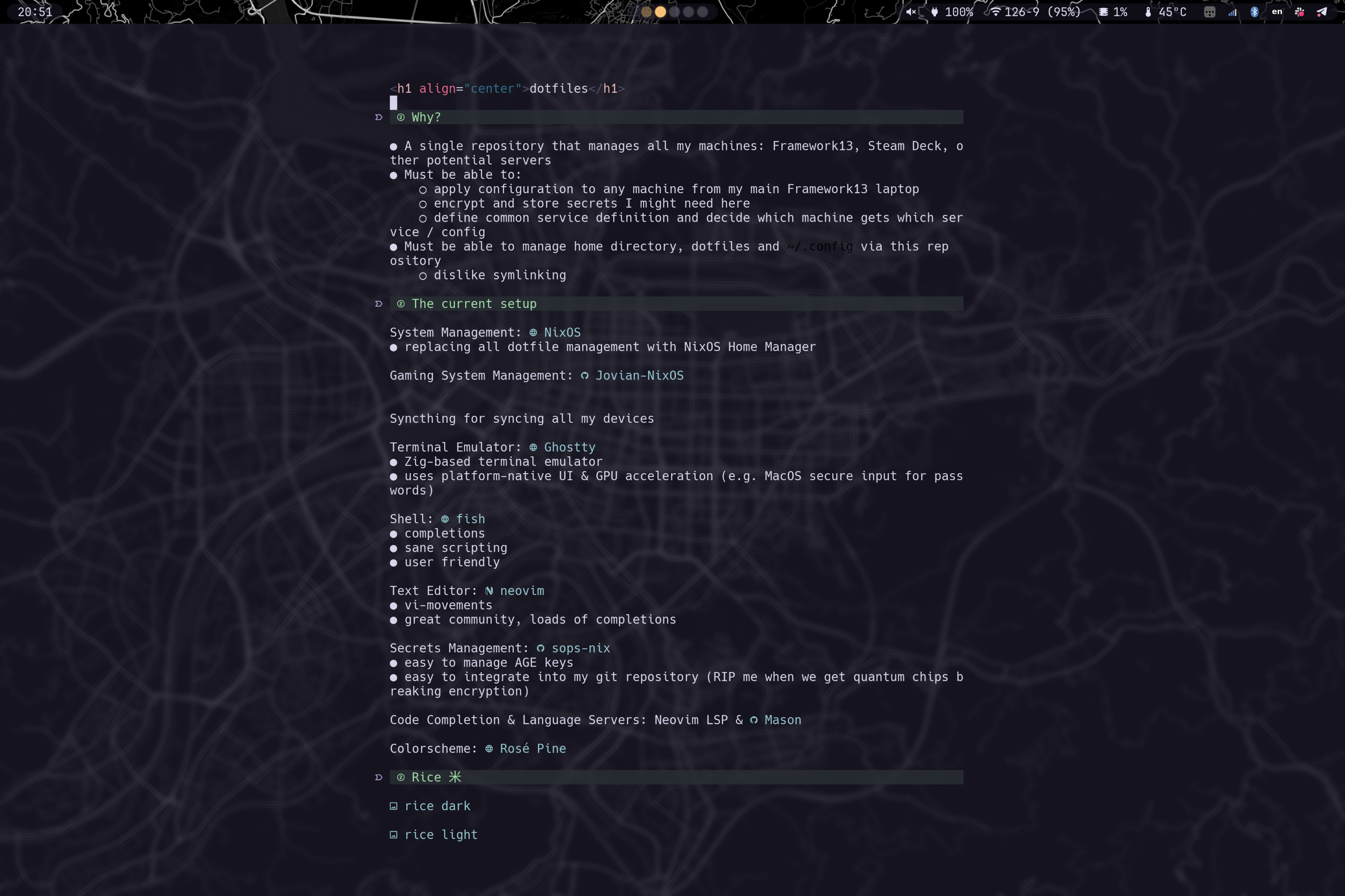 screenshot of NixOS Hyprland desktop showing a vim window with goyo.vim centering