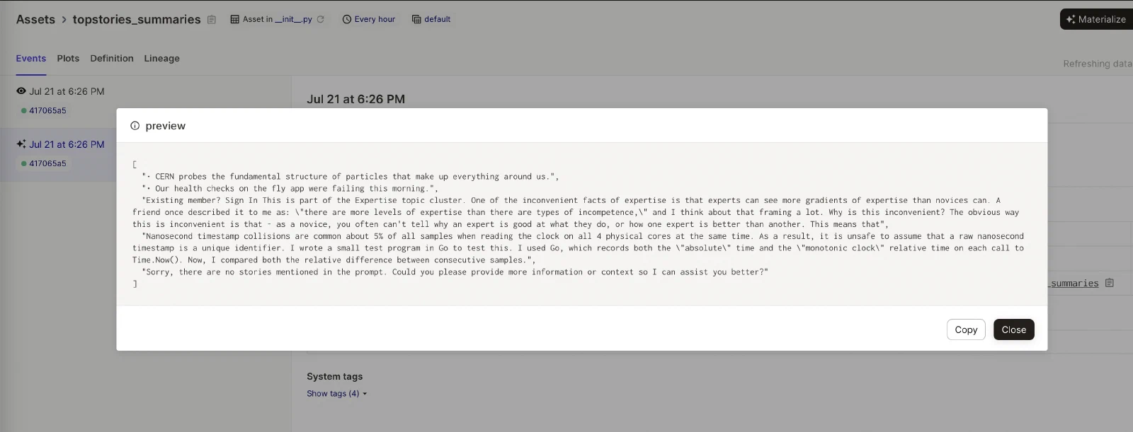 Rendered output listing the top five Hacker News stories with generated summaries.