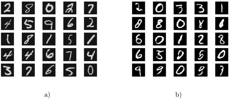 Two grids of handwritten digits: real MNIST samples on one side, DCGAN-generated samples on the other, visually hard to tell apart.