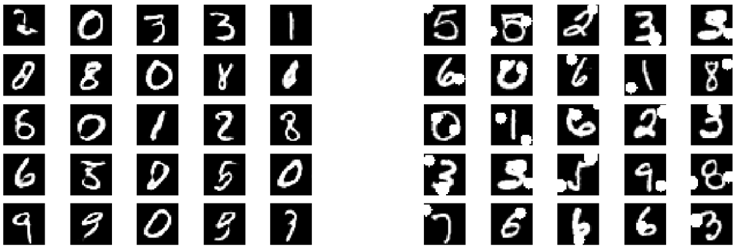 A clean generated MNIST digit beside an MNIST digit with a random blob painted over part of the stroke.